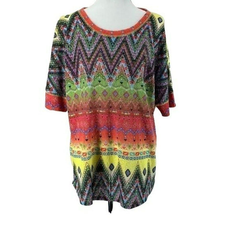 Multiples Woman's Aztec Tribal Boho Multi Color Short Sleeve Blouse Large